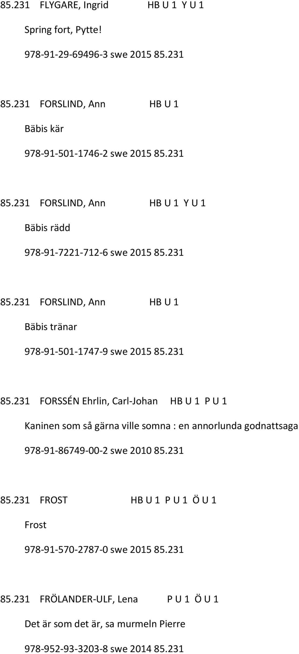 231 85.231 FORSSÉN Ehrlin, Carl-Johan HB U 1 P U 1 Kaninen som så gärna ville somna : en annorlunda godnattsaga 978-91-86749-00-2 swe 2010 85.231 85.231 FROST HB U 1 P U 1 Ö U 1 Frost 978-91-570-2787-0 swe 2015 85.