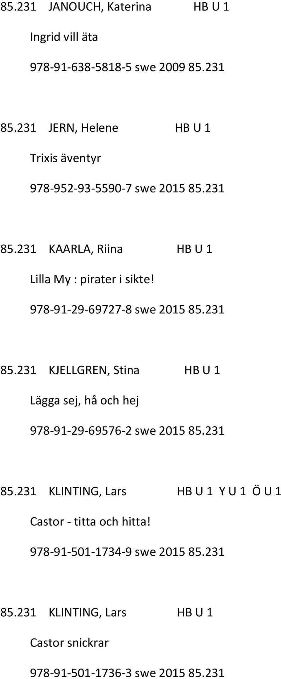 978-91-29-69727-8 swe 2015 85.231 85.231 KJELLGREN, Stina HB U 1 Lägga sej, hå och hej 978-91-29-69576-2 swe 2015 85.231 85.231 KLINTING, Lars HB U 1 Y U 1 Ö U 1 Castor - titta och hitta!