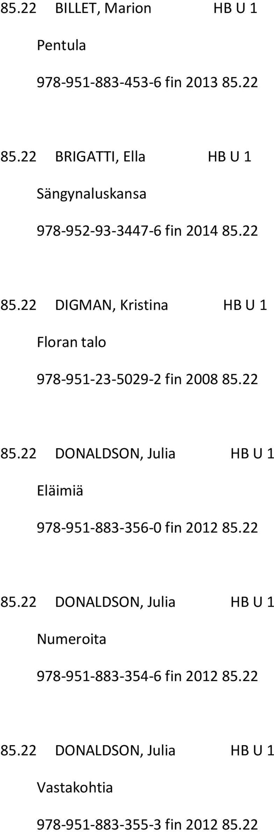 22 DIGMAN, Kristina HB U 1 Floran talo 978-951-23-5029-2 fin 2008 85.22 85.