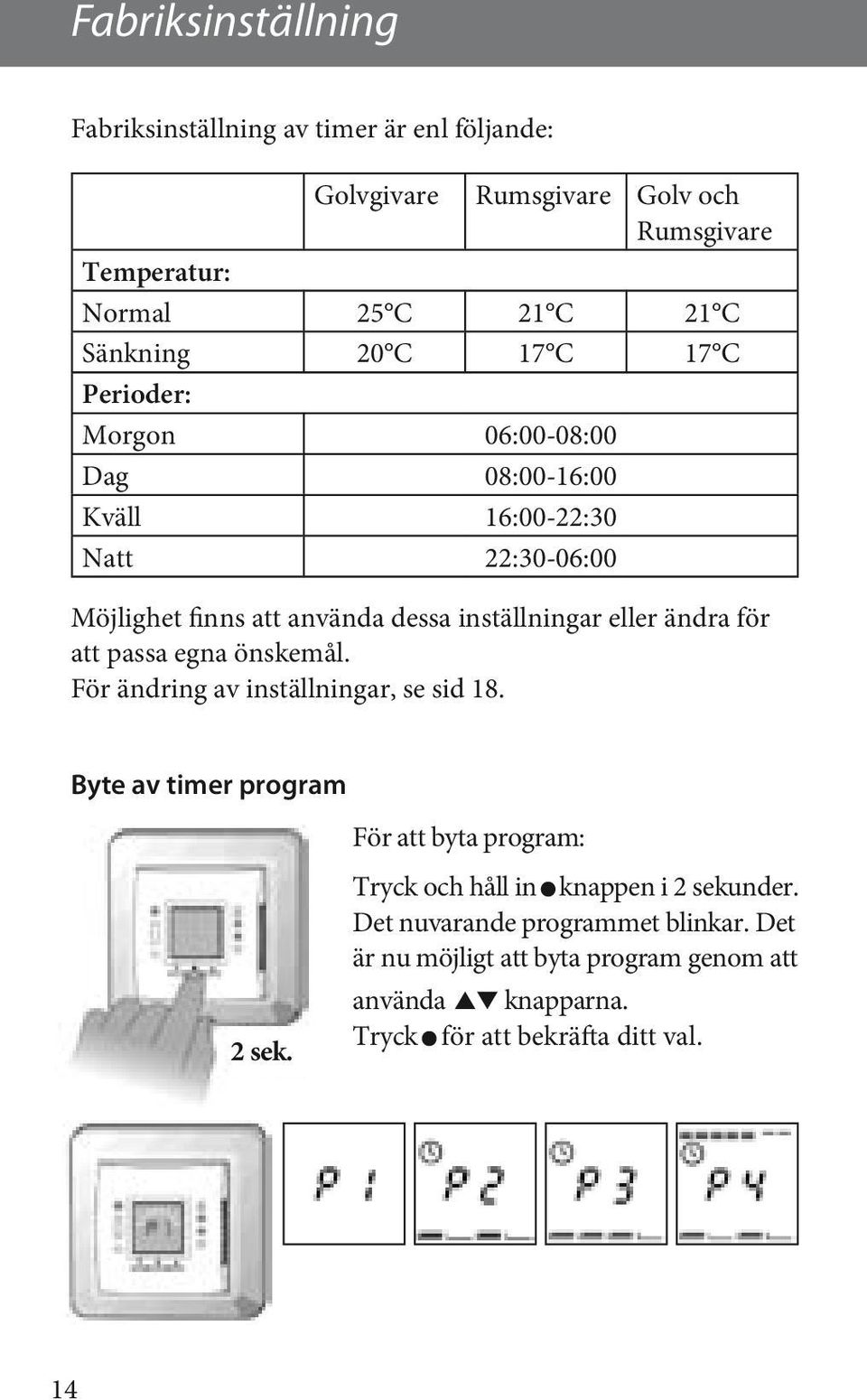 ändra för att passa egna önskemål. För ändring av inställningar, se sid 18. Byte av timer program För att byta program: 2 sek.