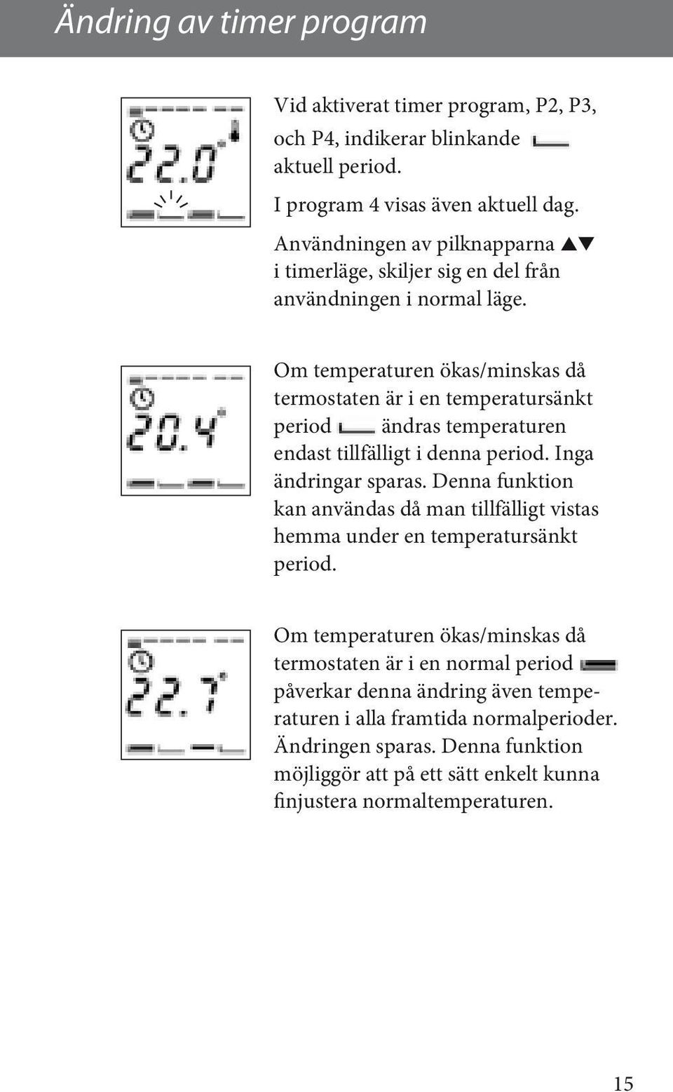 Om temperaturen ökas/minskas då termostaten är i en temperatursänkt period ändras temperaturen endast tillfälligt i denna period. Inga ändringar sparas.