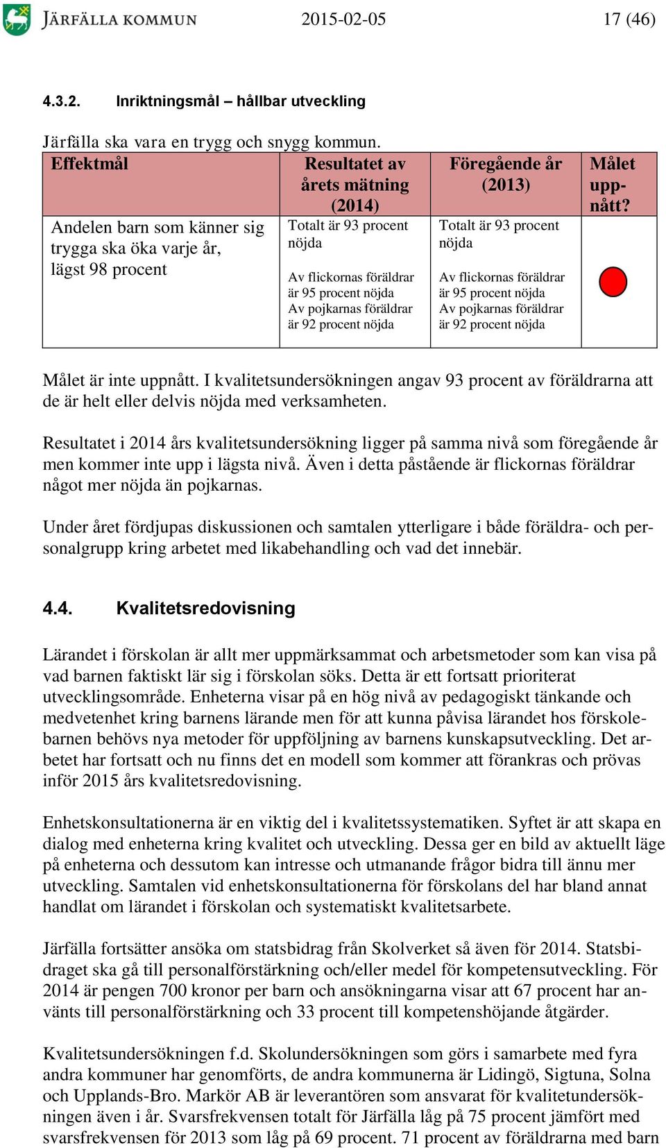 procent Föregående år (2013) Totalt är 93 procent Av flickornas föräldrar är 95 procent Av pojkarnas föräldrar är 92 procent Målet uppnått? Målet är inte uppnått.