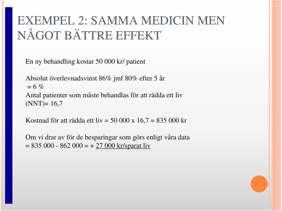 att rädda ett liv (NNT)= 16,7 Kostnad för att rädda ett liv = 50 000 x 16,7 = 835 000 kr Om