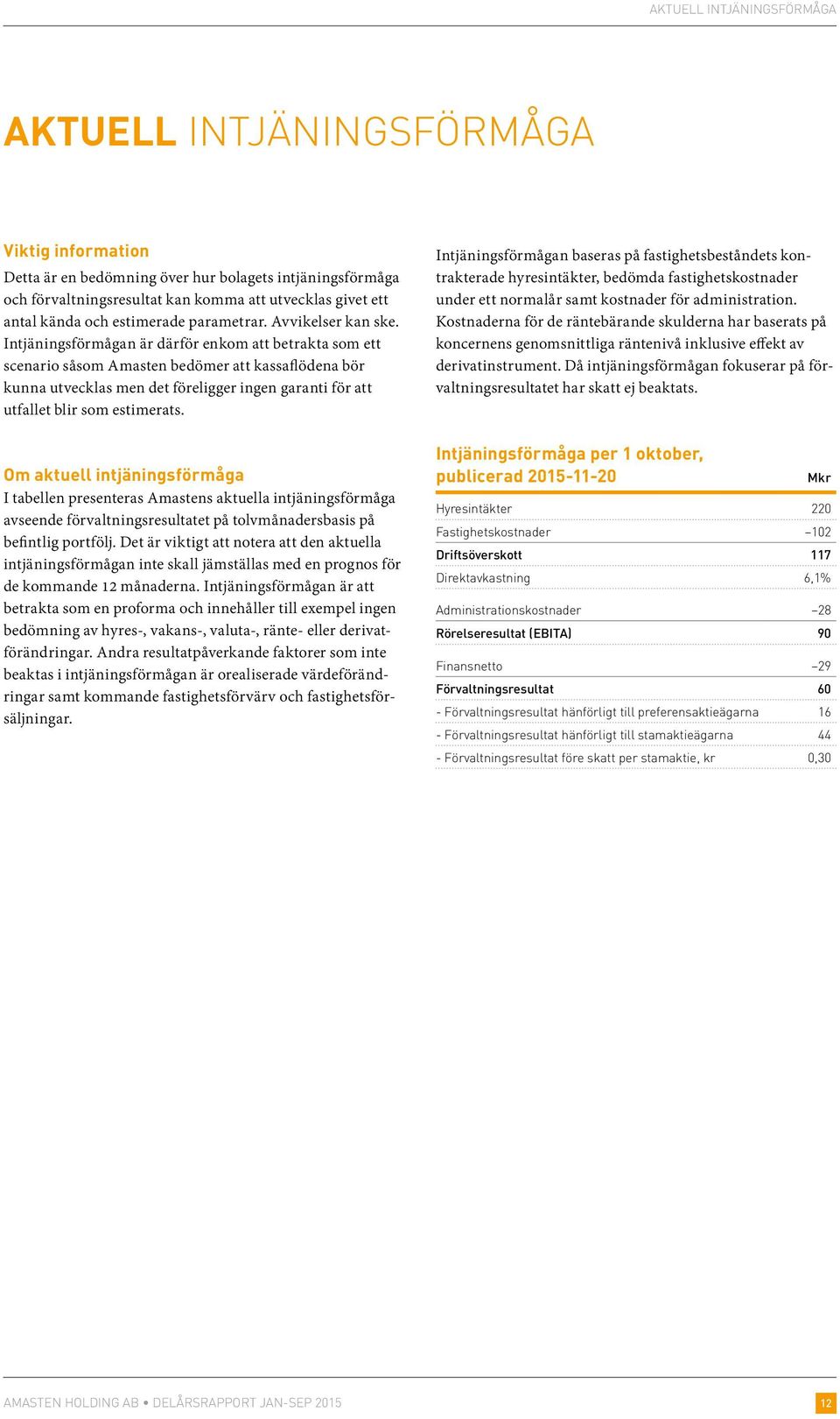 Intjäningsförmågan är därför enkom att betrakta som ett scenario såsom Amasten bedömer att kassaflödena bör kunna utvecklas men det föreligger ingen garanti för att utfallet blir som estimerats.