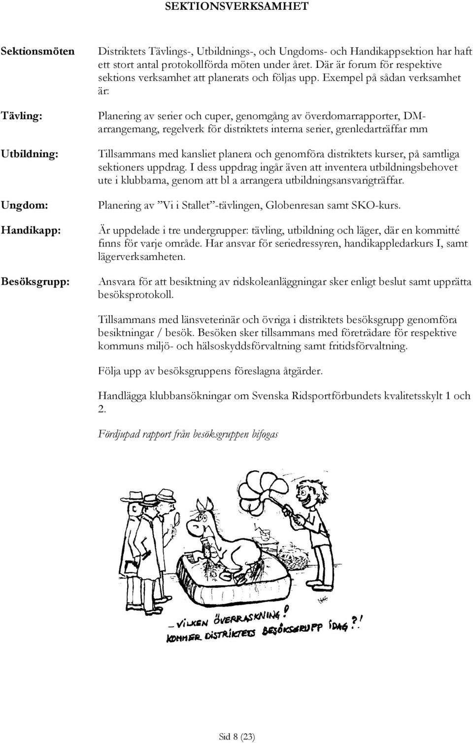 Exempel på sådan verksamhet är: Planering av serier och cuper, genomgång av överdomarrapporter, DMarrangemang, regelverk för distriktets interna serier, grenledarträffar mm Tillsammans med kansliet