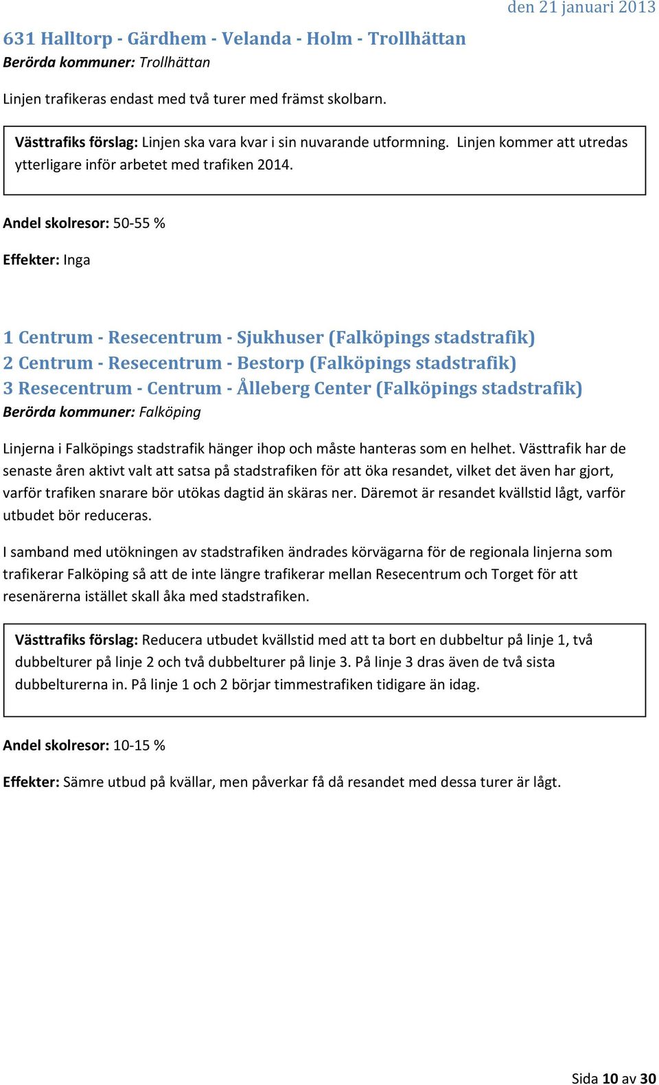 Andel skolresor: 50 55 % 1 Centrum Resecentrum Sjukhuser (Falköpings stadstrafik) 2 Centrum Resecentrum Bestorp (Falköpings stadstrafik) 3 Resecentrum Centrum Ålleberg Center (Falköpings stadstrafik)