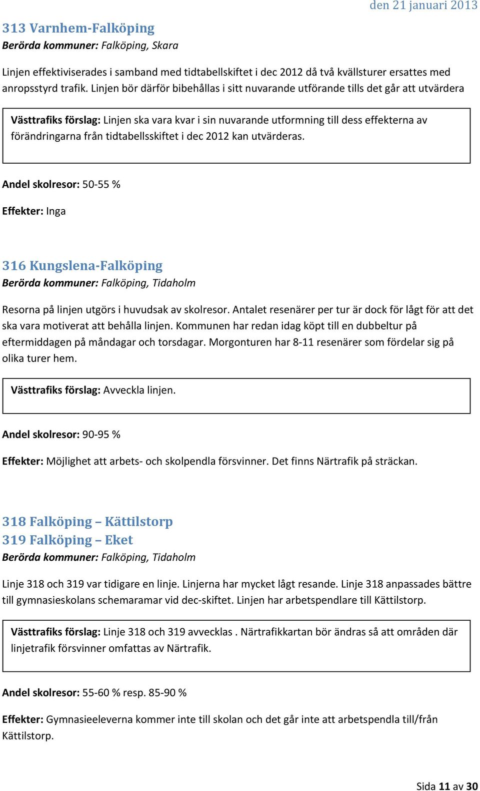 tidtabellsskiftet i dec 2012 kan utvärderas. Andel skolresor: 50 55 % 316 Kungslena Falköping Berörda kommuner: Falköping, Tidaholm Resorna på linjen utgörs i huvudsak av skolresor.