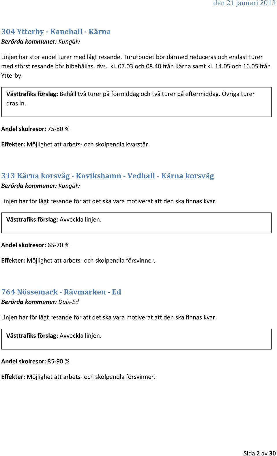 Andel skolresor: 75 80 % Effekter: Möjlighet att arbets och skolpendla kvarstår.