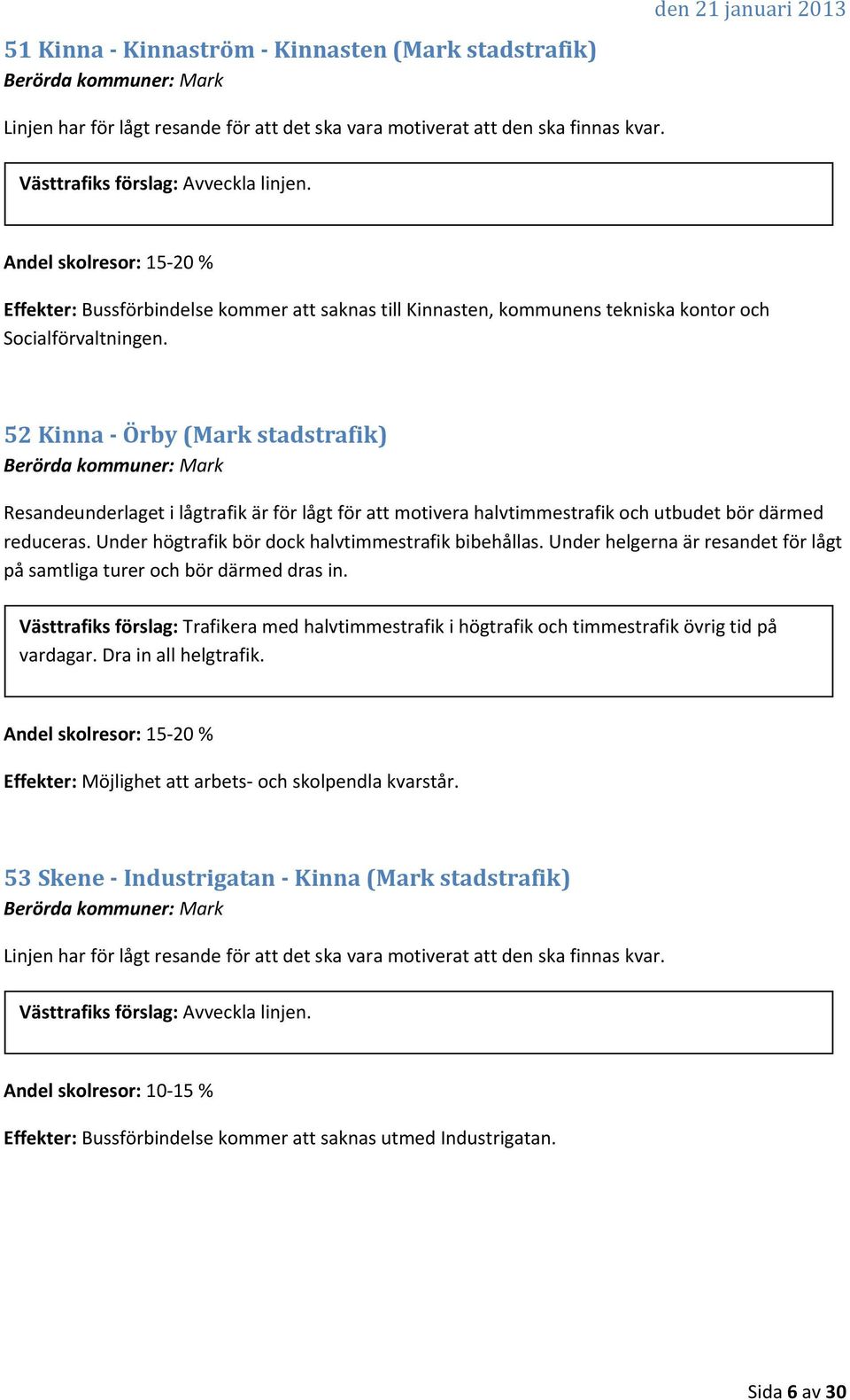 52 Kinna Örby (Mark stadstrafik) Berörda kommuner: Mark Resandeunderlaget i lågtrafik är för lågt för att motivera halvtimmestrafik och utbudet bör därmed reduceras.