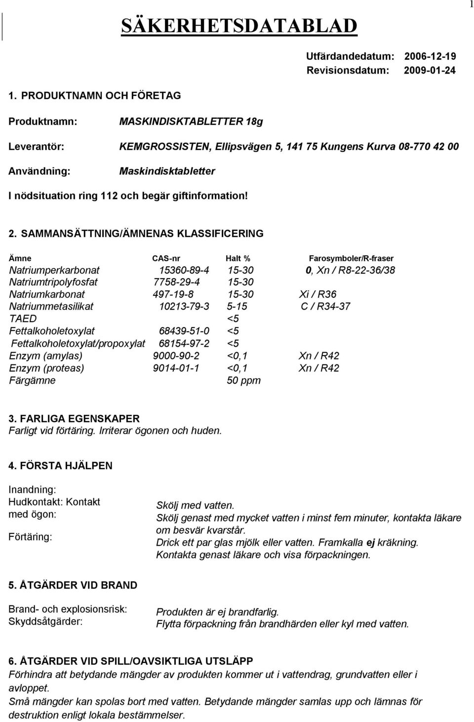 SAMMANSÄTTNING/ÄMNENAS KLASSIFICERING Ämne CAS-nr Halt % Farosymboler/R-fraser Natriumperkarbonat 15360-89-4 15-30 0, Xn / R8-22-36/38 Natriumtripolyfosfat 7758-29-4 15-30 Natriumkarbonat 497-19-8