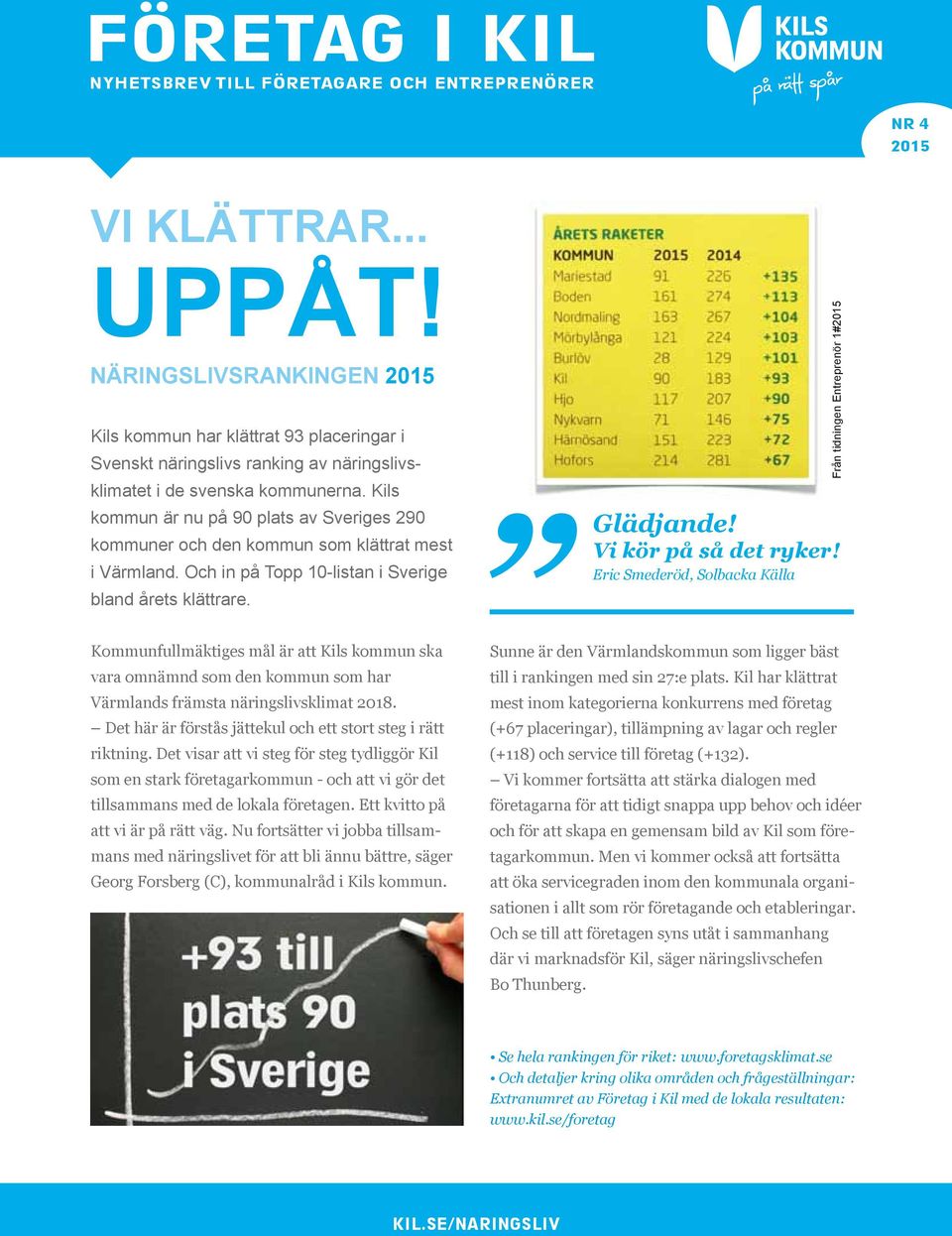 Kils kommun är nu på 90 plats av Sveriges 290 kommuner och den kommun som klättrat mest i Värmland. Och in på Topp 10-listan i Sverige bland årets klättrare.