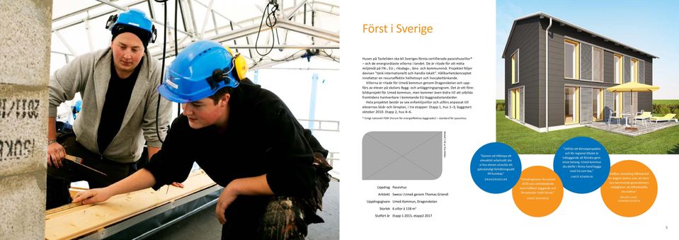 Hållbarhetskonceptet innefattar en resurseffektiv helhetssyn och livscykeltänkande. Villorna är ritade för Umeå kommun genom Dragonskolan och uppförs av elever på skolans Bygg- och anläggningsprogram.