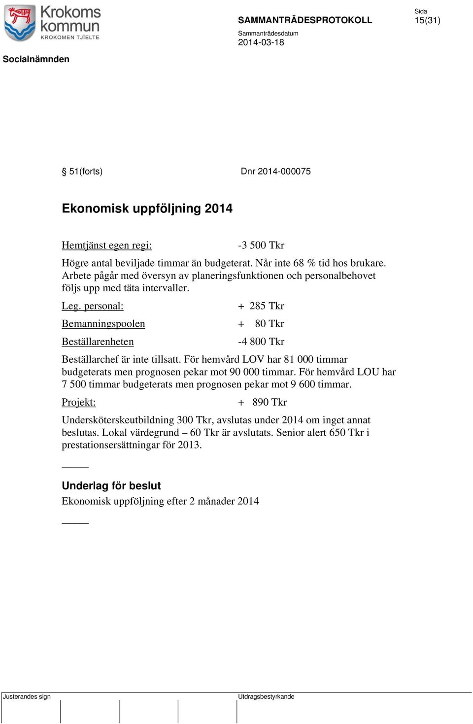 personal: + 285 Tkr Bemanningspoolen + 80 Tkr Beställarenheten -4 800 Tkr Beställarchef är inte tillsatt. För hemvård LOV har 81 000 timmar budgeterats men prognosen pekar mot 90 000 timmar.