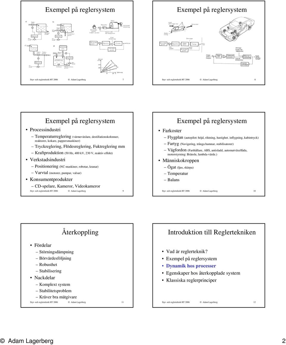 kranar) Varval (moorer, pumpar, valsar) Konsumenproduker CD-spelare, Kameror, Videokameror Syr- och reglereknik H Adam Lagerberg 9 Exempel på reglersysem Farkoser Flygplan (auopilo: höjd, rikning,