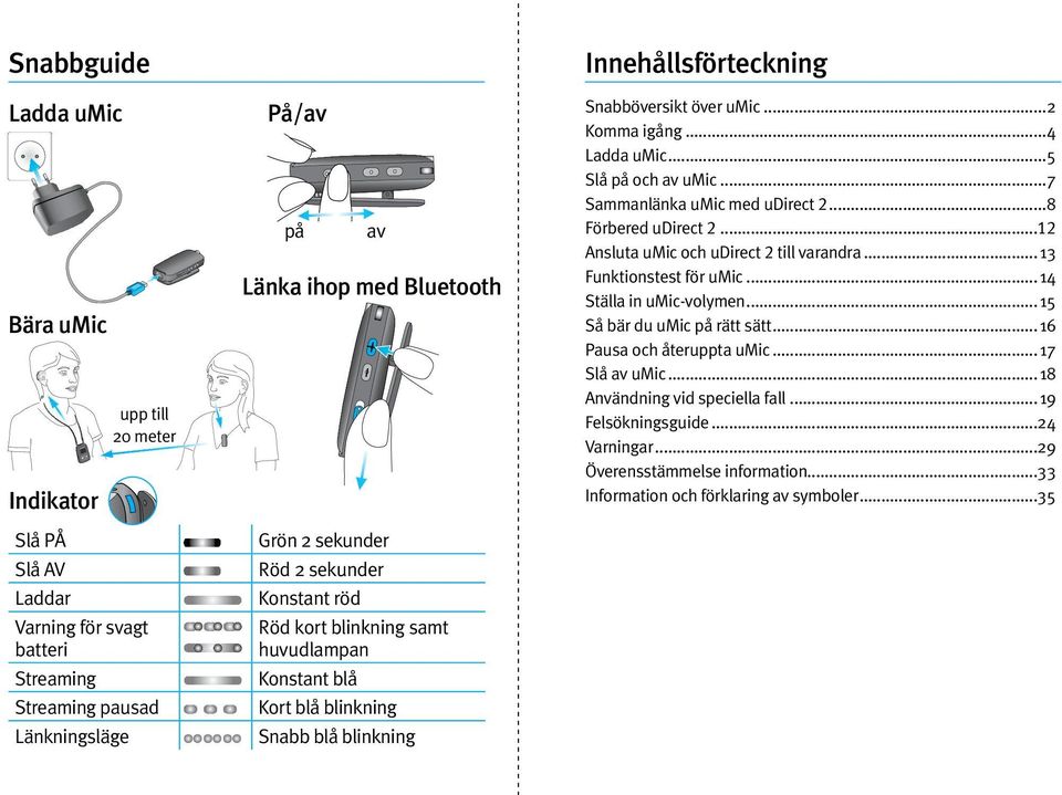 ..4 Ladda umic...5 Slå på och av umic...7 Sammanlänka umic med udirect 2...8 Förbered udirect 2...12 Ansluta umic och udirect 2 till varandra...13 Funktionstest för umic...14 Ställa in umic-volymen.