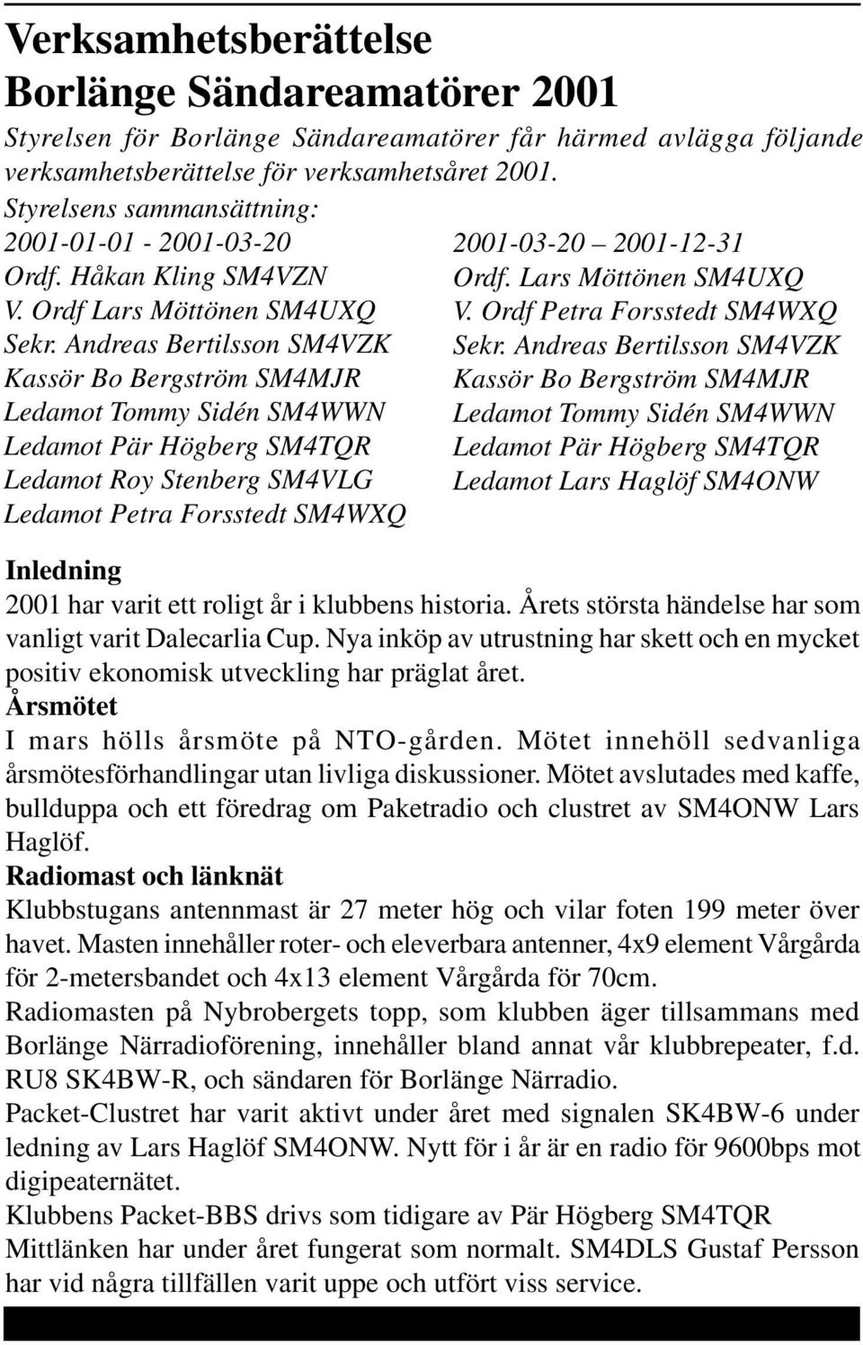 Andreas Bertilsson SM4VZK Kassör Bo Bergström SM4MJR Ledamot Tommy Sidén SM4WWN Ledamot Pär Högberg SM4TQR Ledamot Roy Stenberg SM4VLG Ledamot Petra Forsstedt SM4WXQ 2001-03-20 2001-12-31 Ordf.