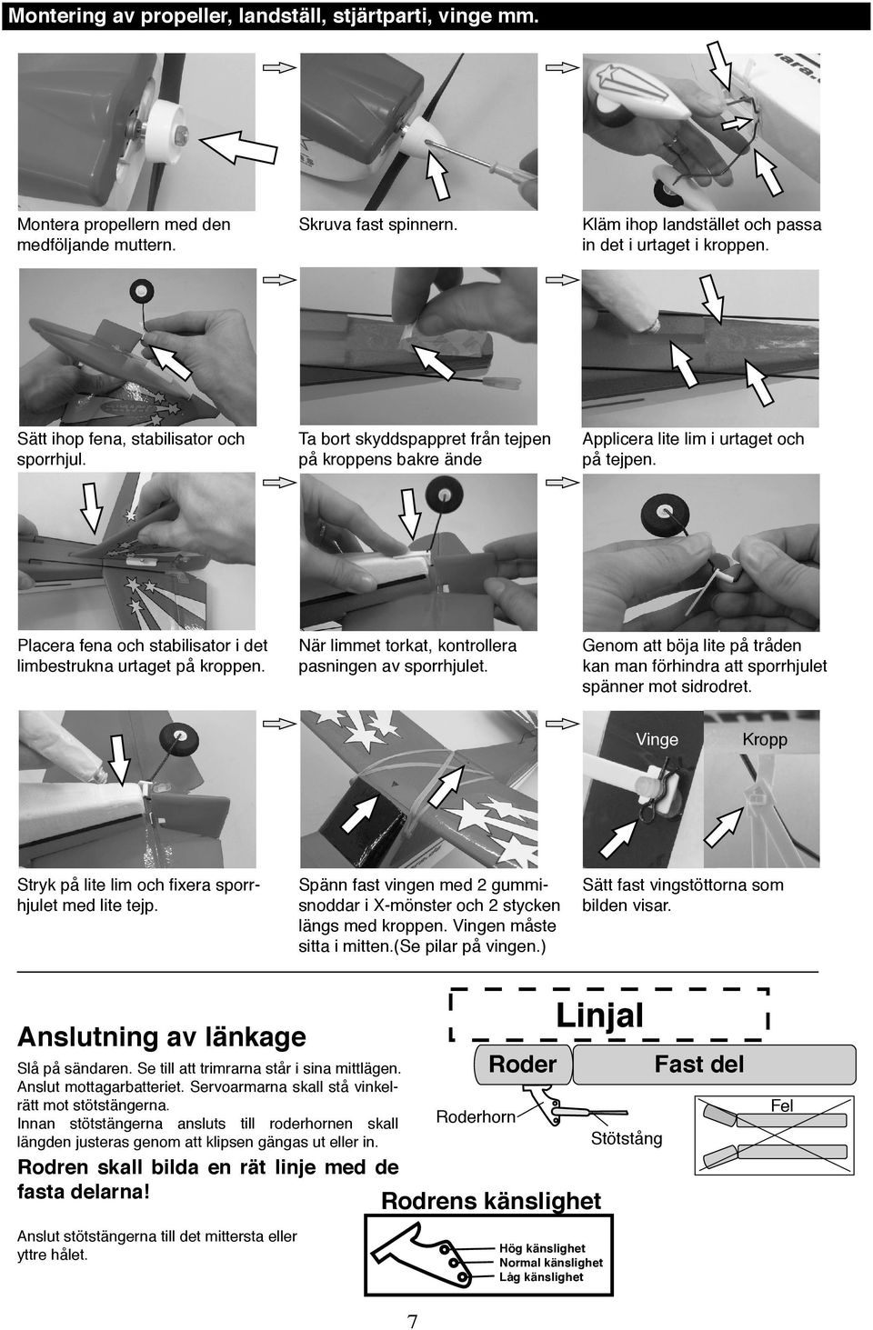 Placera fena och stabilisator i det limbestrukna urtaget på kroppen. När limmet torkat, kontrollera pasningen av sporrhjulet.