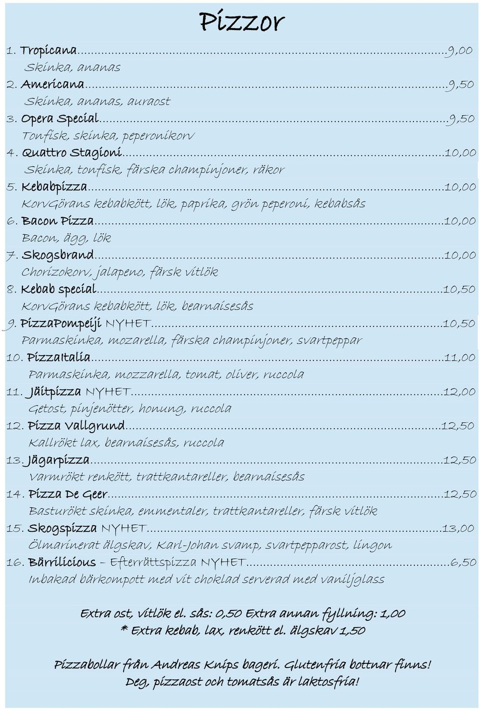 ..10,00 Chorizokorv, jalapeno, färsk vitlök 8. Kebab special...10,50 KorvGörans kebabkött, lök, bearnaisesås 9. PizzaPompeiji NYHET...10,50 Parmaskinka, mozarella, färska champinjoner, svartpeppar 10.