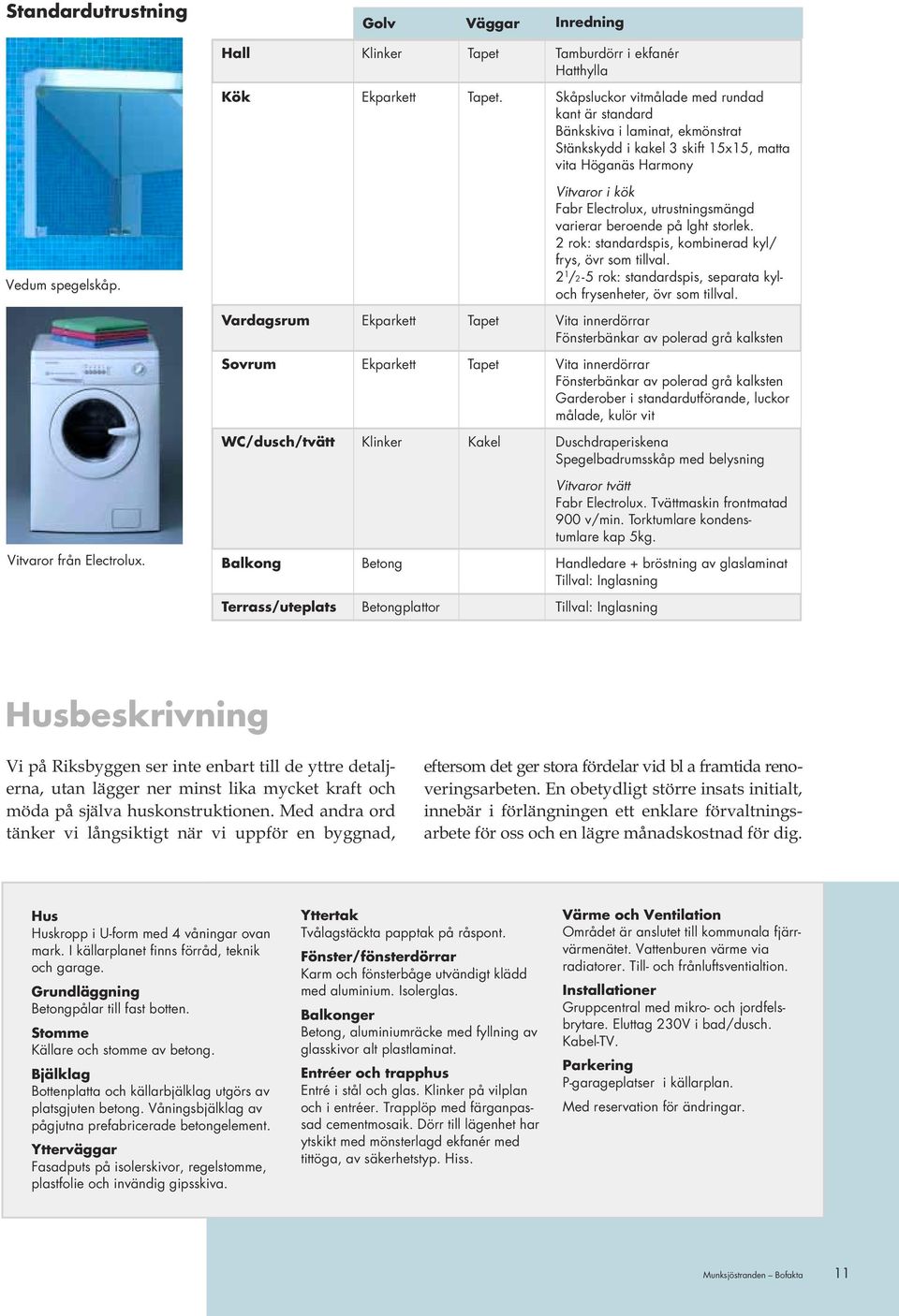 standard Bänkskiva i laminat, ekmönstrat Stänkskydd i kakel skift 5x5, matta vita Höganäs Harmony Vitvaror i abr Electrolux, utrustningsmängd varierar beroende på lght storlek.