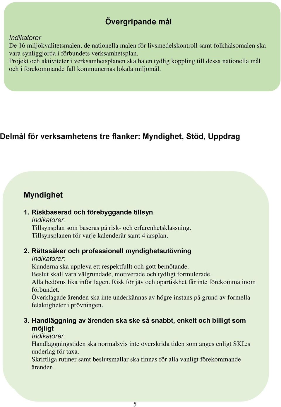 Delmål för verksamhetens tre flanker: Myndighet, Stöd, Uppdrag Myndighet 1. Riskbaserad och förebyggande tillsyn Tillsynsplan som baseras på risk- och erfarenhetsklassning.