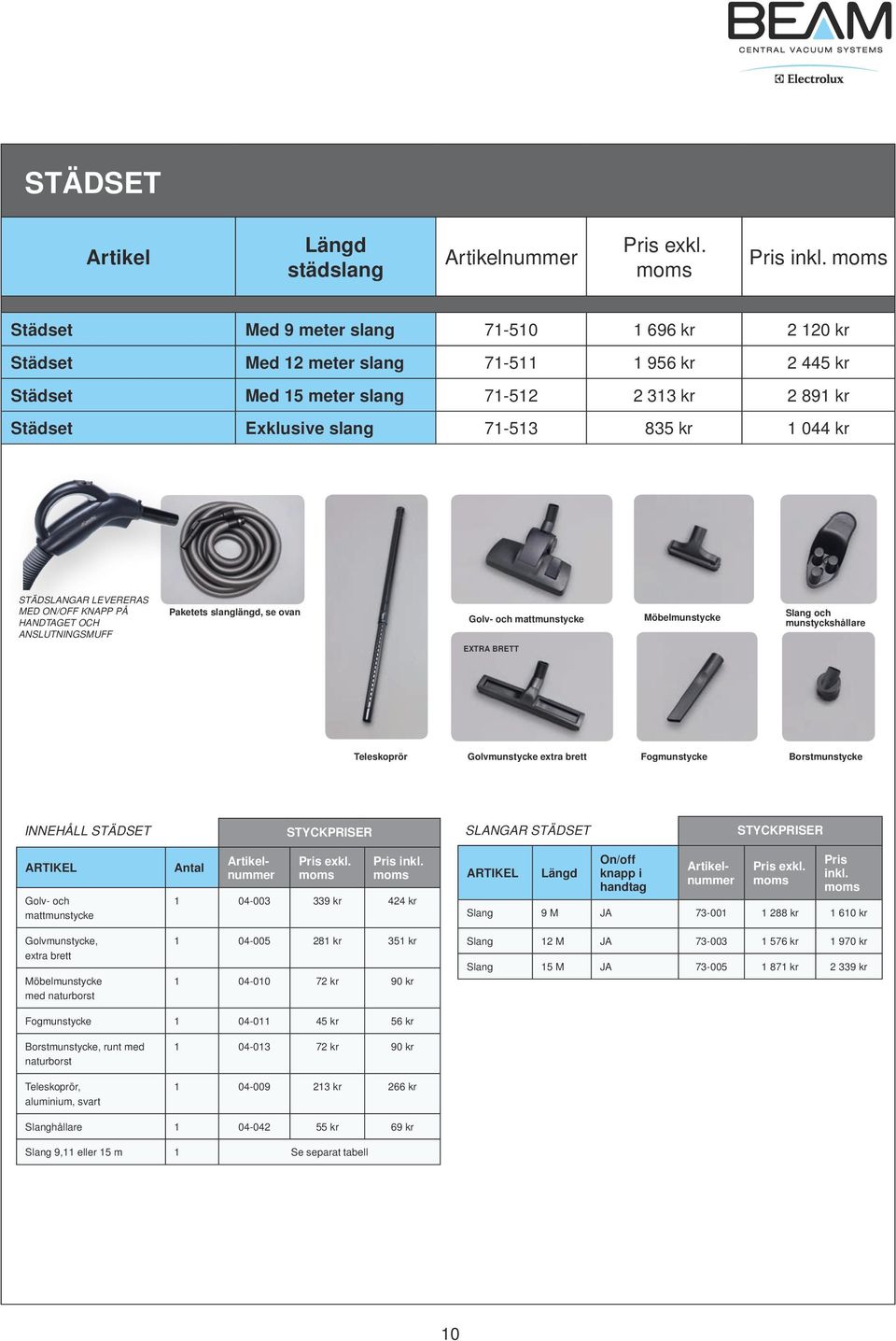 kr STÄDSLANGAR LEVERERAS MED ON/OFF KNAPP PÅ HANDTAGET OCH ANSLUTNINGSMUFF Paketets slanglängd, se ovan Golv- och mattmunstycke Möbelmunstycke Slang och munstyckshållare EXTRA BRETT Teleskoprör