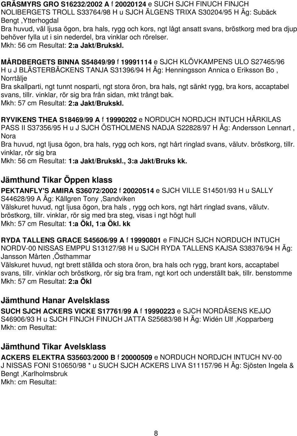 MÅRDBERGETS BINNA S54849/99 f 19991114 e SJCH KLÖVKAMPENS ULO S27465/96 H u J BLÄSTERBÄCKENS TANJA S31396/94 H Äg: Henningsson Annica o Eriksson Bo, Norrtälje Bra skallparti, ngt tunnt nosparti, ngt