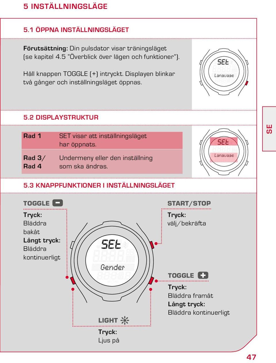 2 Displaystruktur Rad 1 Rad 3/ Rad 4 SET visar att inställningsläget har öppnats. Undermeny eller den inställning som ska ändras. SE 5.