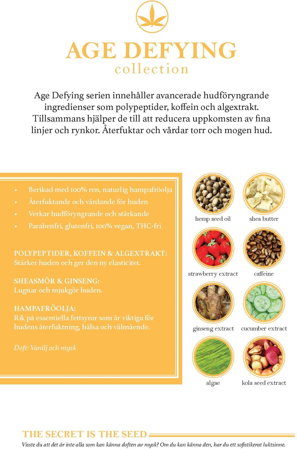 Berikad med 100% ren, naturlig hampafröolja Återfuktande och vårdande för huden Verkar hudföryngrande och stärkande Parabenfri, glutenfri, 100% vegan, THC-fri hemp seed oil shea butter POLYPEPTIDER,