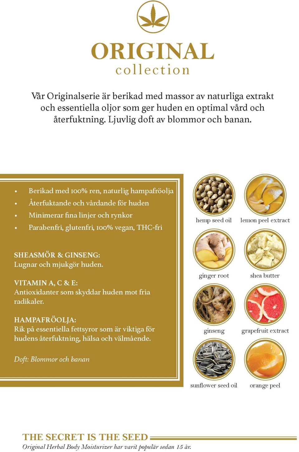 SHEASMÖR & GINSENG: Lugnar och mjukgör huden. VITAMIN A, C & E: Antioxidanter som skyddar huden mot fria radikaler.