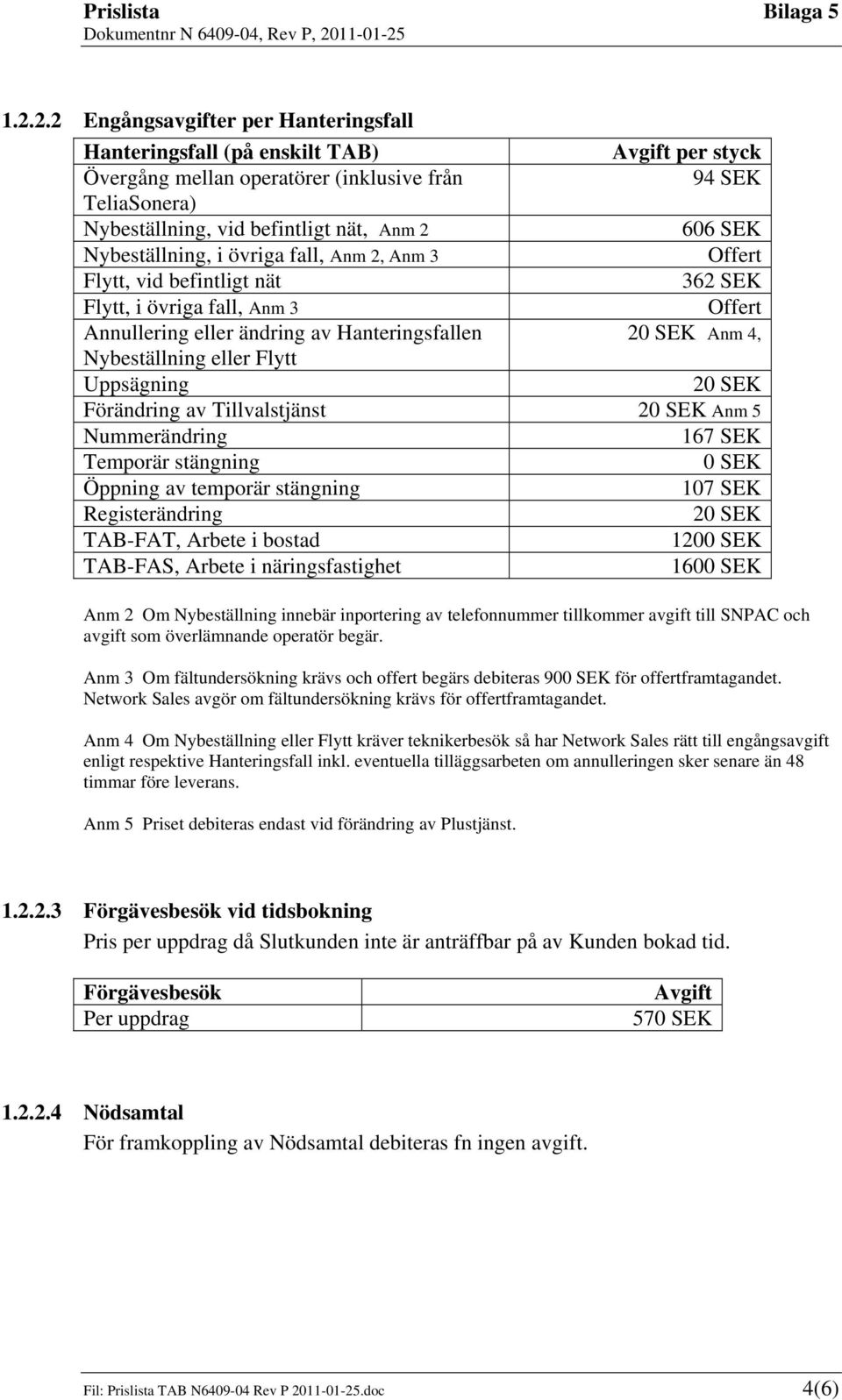 eller Flytt Uppsägning 20 SEK Förändring av Tillvalstjänst 20 SEK Anm 5 Nummerändring 167 SEK Temporär stängning 0 SEK Öppning av temporär stängning 107 SEK Registerändring 20 SEK TAB-FAT, Arbete i