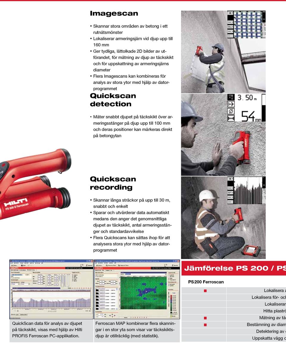 armeringsstänger på djup upp till 100 mm och deras positioner kan märkeras direkt på betongytan Quickscan recording Skannar långa sträckor på upp till 30 m, snabbt och enkelt Sparar och utvärderar