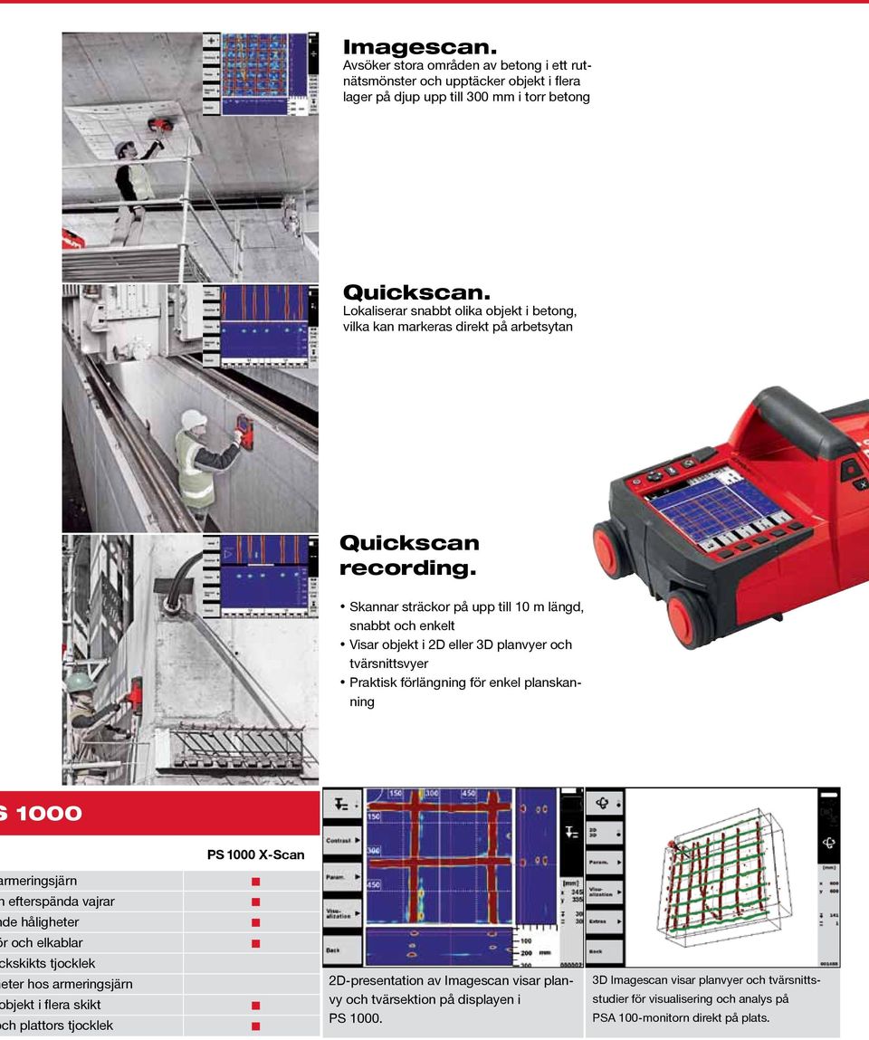 Skannar sträckor på upp till 10 m längd, snabbt och enkelt Visar objekt i 2D eller 3D planvyer och tvärsnittsvyer Praktisk förlängning för enkel planskanning 1000 rmeringsjärn efterspända