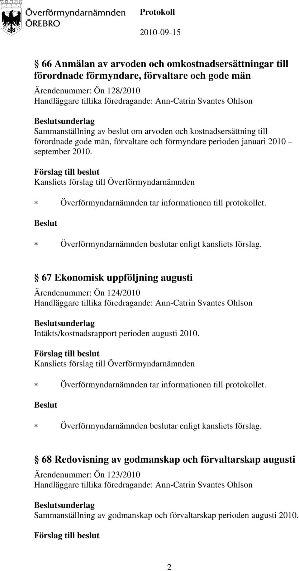 september 2010. 67 Ekonomisk uppföljning augusti Ärendenummer: Ön 124/2010 sunderlag Intäkts/kostnadsrapport perioden augusti 2010.