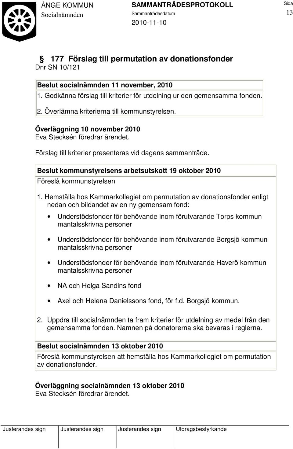 Hemställa hos Kammarkollegiet om permutation av donationsfonder enligt nedan och bildandet av en ny gemensam fond: Understödsfonder för behövande inom förutvarande Torps kommun mantalsskrivna