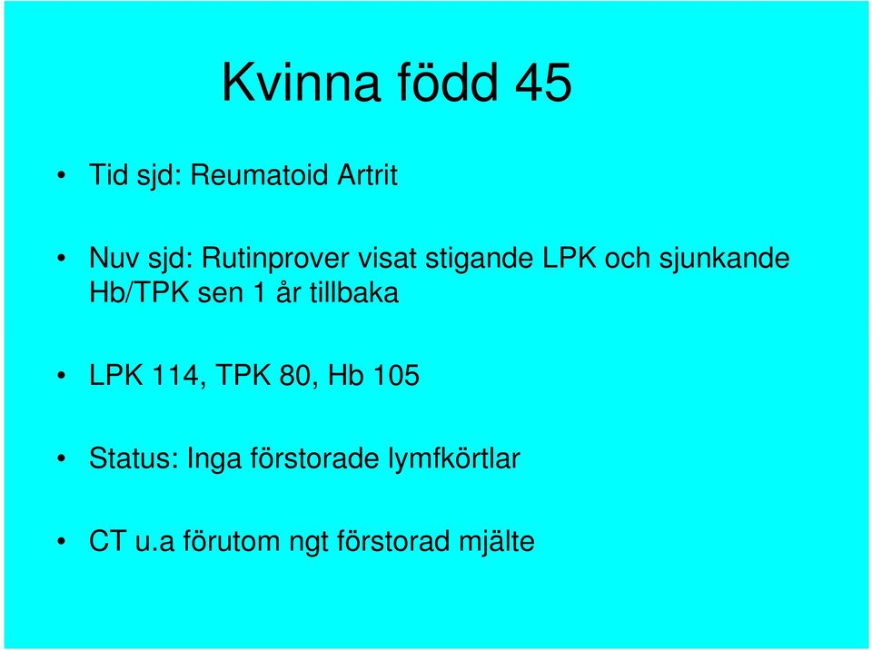 sen 1 år tillbaka LPK 114, TPK 80, Hb 105 Status: