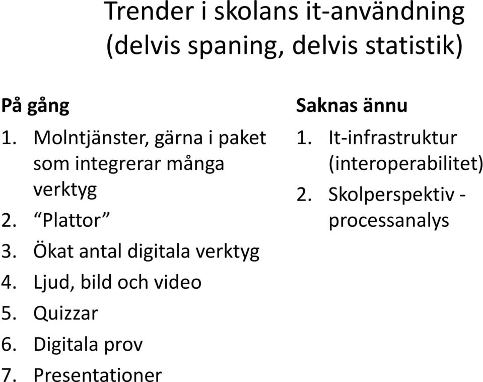 Ökat antal digitala verktyg 4. Ljud, bild och video 5. Quizzar 6. Digitala prov 7.