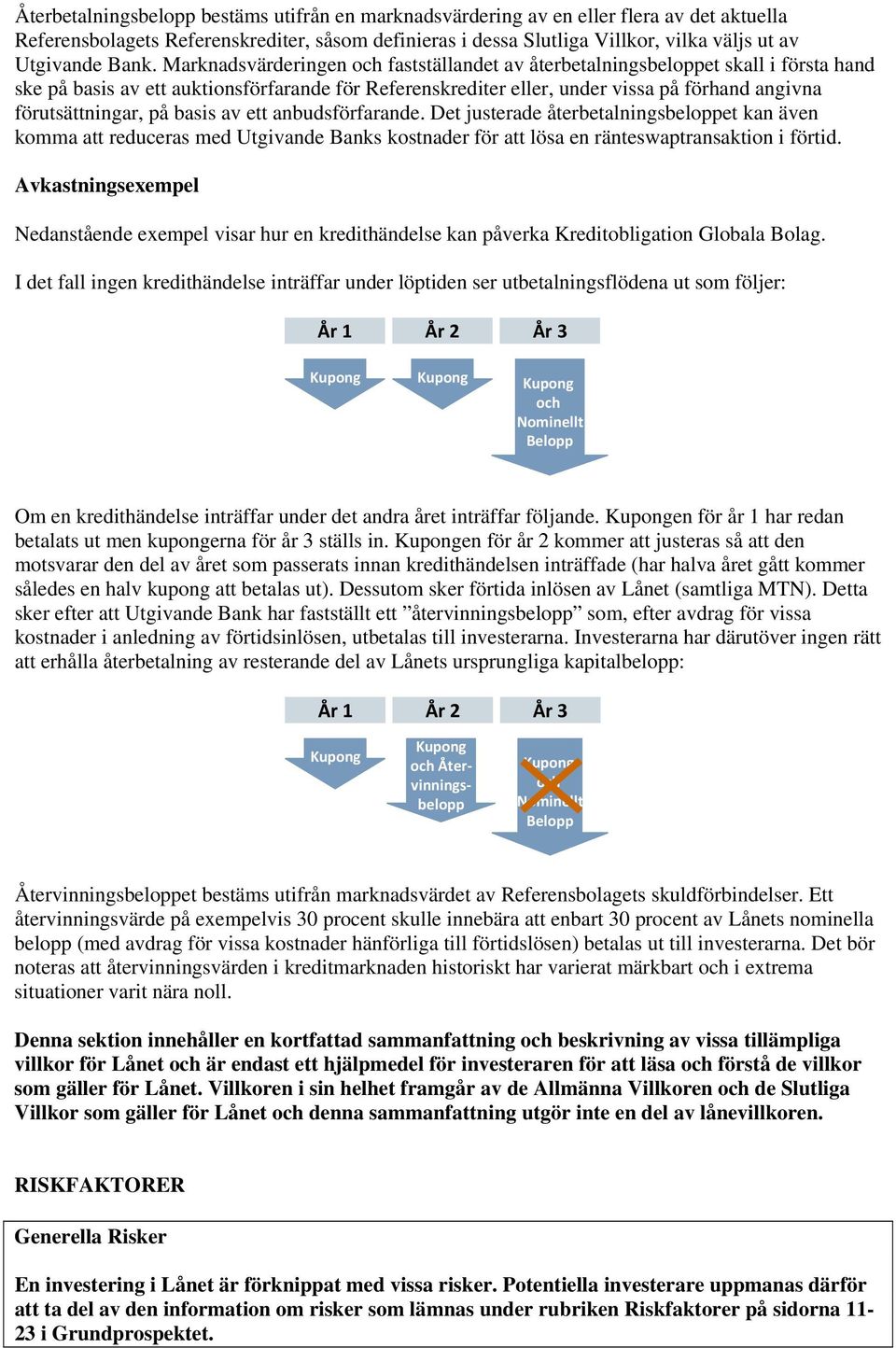 förutsättningar, på basis av ett anbudsförfarande. Det justerade återbetalningsbeloppet kan även komma att reduceras med Utgivande Banks kostnader för att lösa en ränteswaptransaktion i förtid.