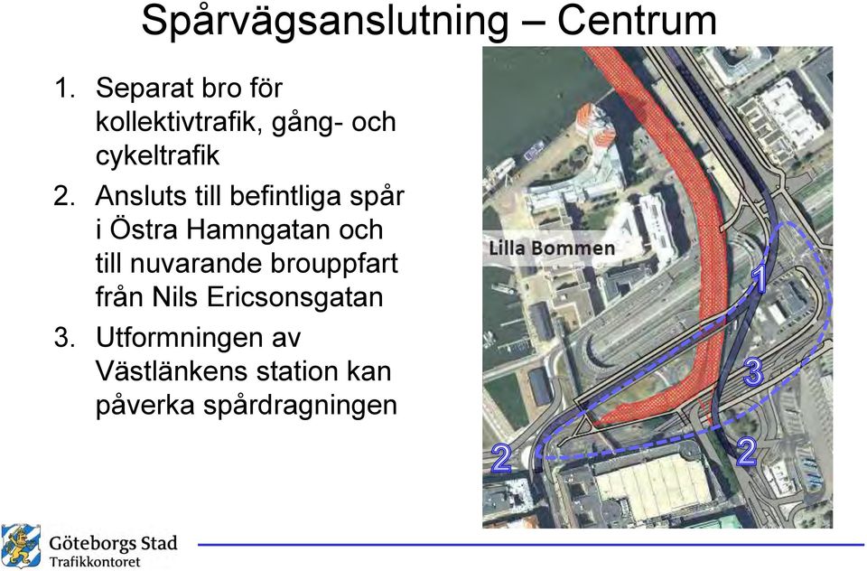 Ansluts till befintliga spår i Östra Hamngatan och till