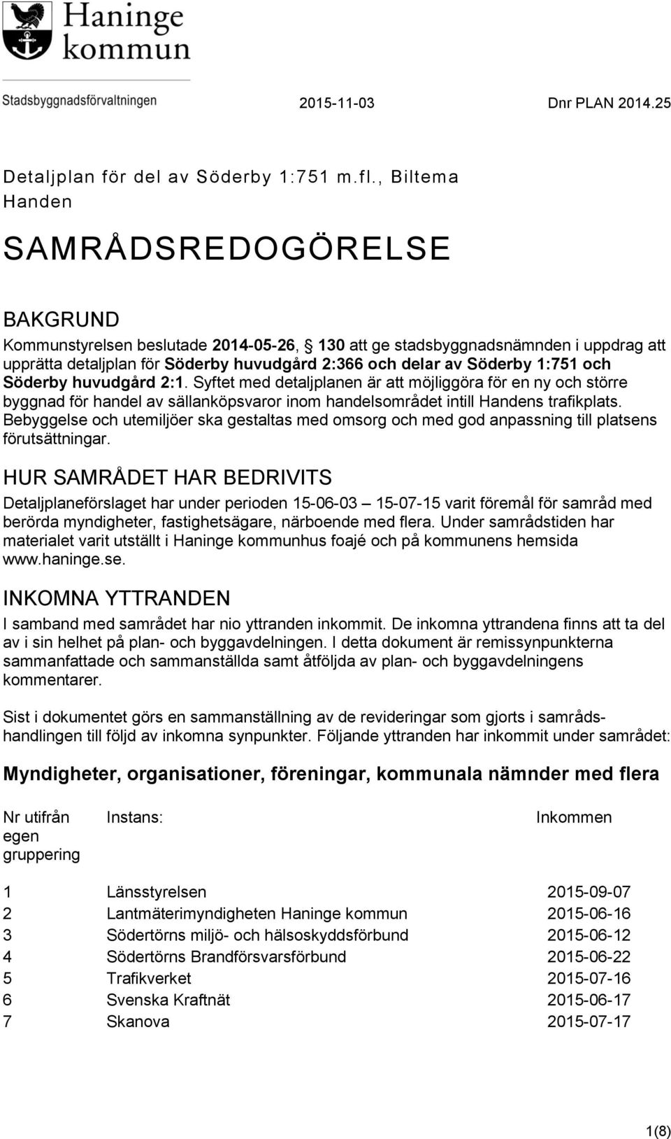 1:751 och Söderby huvudgård 2:1. Syftet med detaljplanen är att möjliggöra för en ny och större byggnad för handel av sällanköpsvaror inom handelsområdet intill Handens trafikplats.