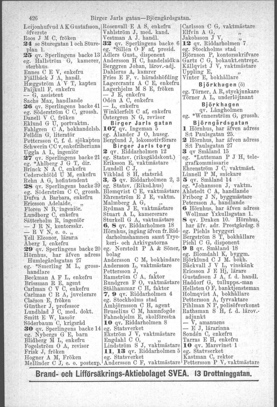 Sperlingens backe 13 Adlers Gust., disponent Björnson P, kontorsskrifvare ego Hallström G, kamerer, Andersson H C, handelsidk:a Gartz C G, bokaukt.entrepr. sterbhus,. Berggren Johan, lärov.-adj.