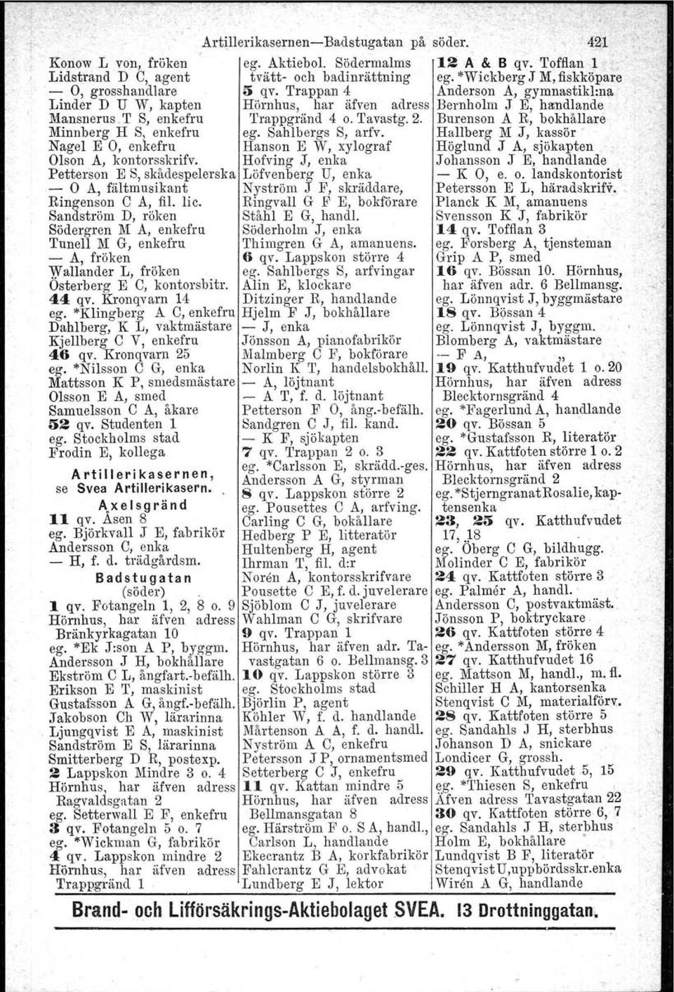 Trappan 4 Anderson A, gymnastikl:na Linder D U W, kapten Hörnhus, har äfven adress Bernholm J E, handlande Mansuerus., T S, enkefru 'l'rappgränd 4 O. Tavastg. 2.