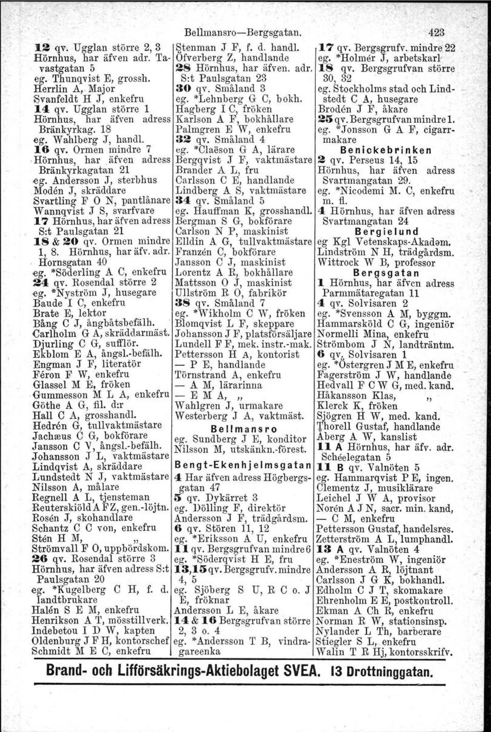 S:t Pauls gatan 23 30, 32, Herrlin A" Major 30 qv. Småland 3 egostockholms stad och Lind- Svanfeldt H J, enkefru ego "Lehnbcrg G C, bokh. stedt C A, husegare 14 qv.