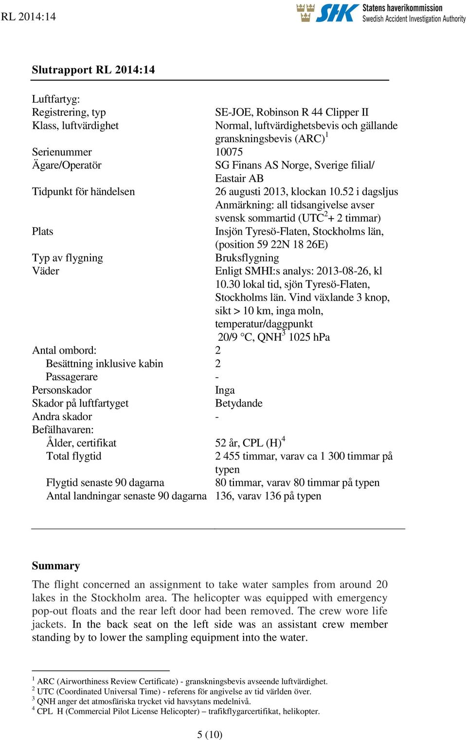 52 i dagsljus Anmärkning: all tidsangivelse avser svensk sommartid (UTC 2 + 2 timmar) Plats Insjön Tyresö-Flaten, Stockholms län, (position 59 22N 18 26E) Typ av flygning Bruksflygning Väder Enligt