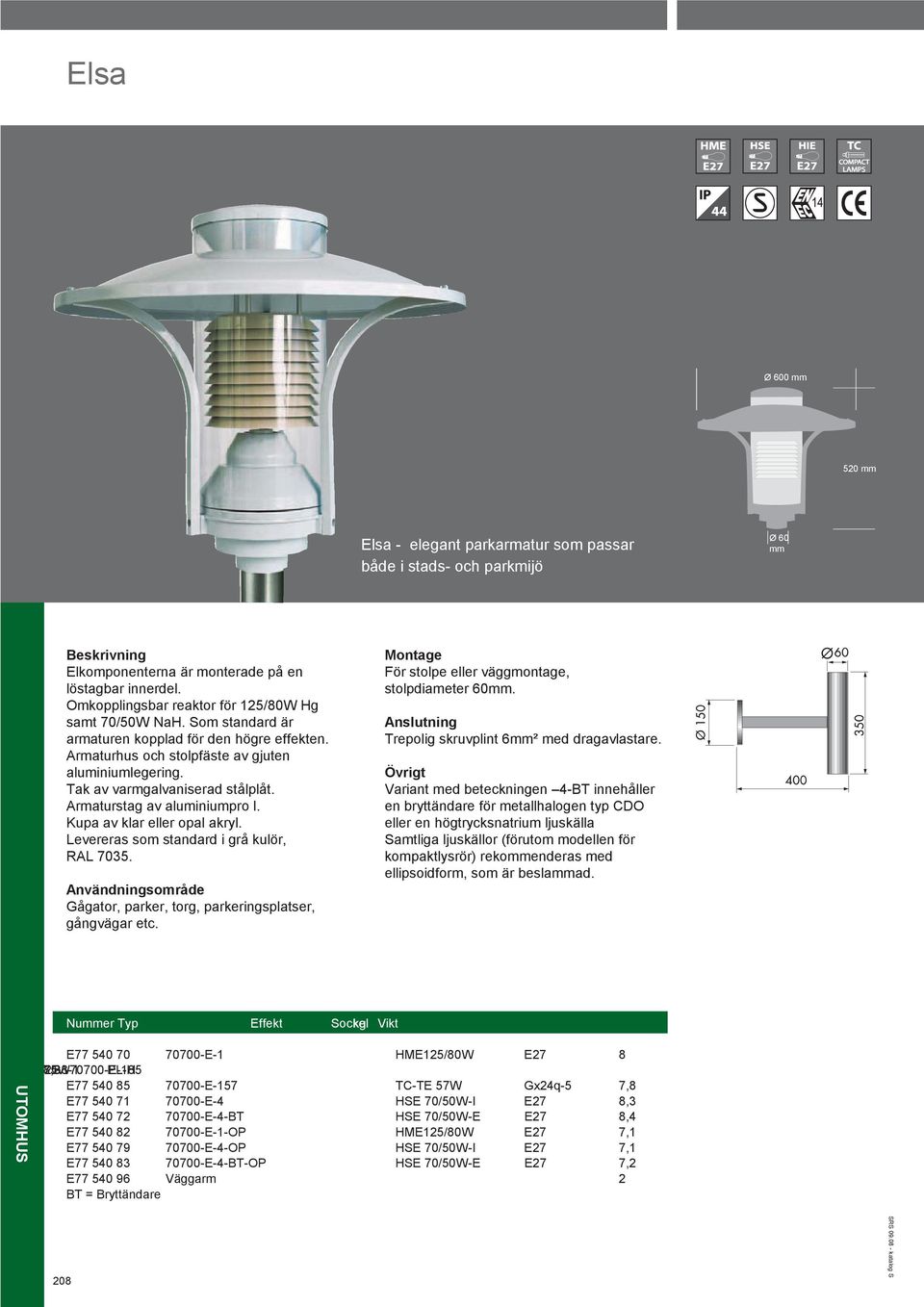 För stolpe eller väggmontage, Samtliga ljuskällor (förutom modellen för kompaktlysrör) rekoenderas med E77 540 70 70700-E-1 HME125/80W E27 8 85W 7,8 2G8-1