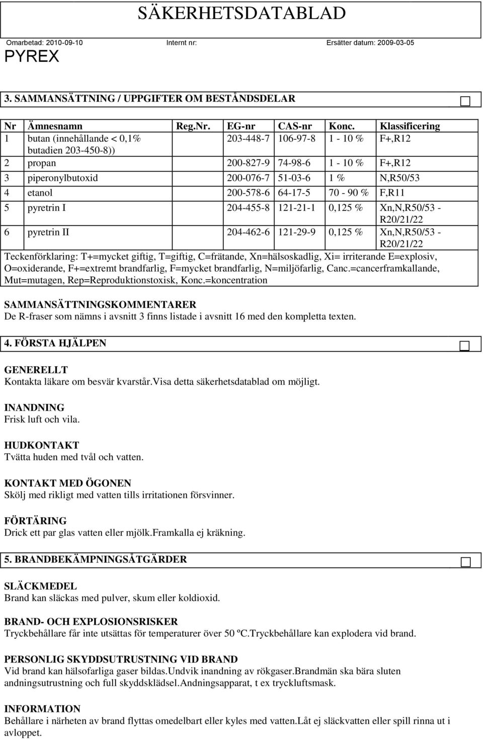 200-578-6 64-17-5 70-90 % F,R11 5 pyretrin I 204-455-8 121-21-1 0,125 % Xn,N,R50/53 - R20/21/22 6 pyretrin II 204-462-6 121-29-9 0,125 % Xn,N,R50/53 - R20/21/22 Teckenförklaring: T+=mycket giftig,