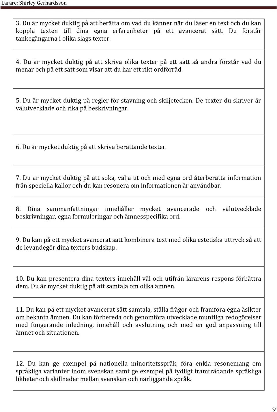 Du är mycket duktig på regler för stavning och skiljetecken. De texter du skriver är välutvecklade och rika på beskrivningar. 6. Du är mycket duktig på att skriva berättande texter. 7.