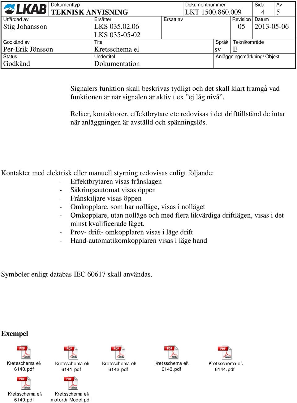 Kontakter med elektrisk eller manuell styrning redovisas enligt följande: - Effektbrytaren visas frånslagen - Säkringsautomat visas öppen - Frånskiljare visas öppen - Omkopplare, som har nolläge,