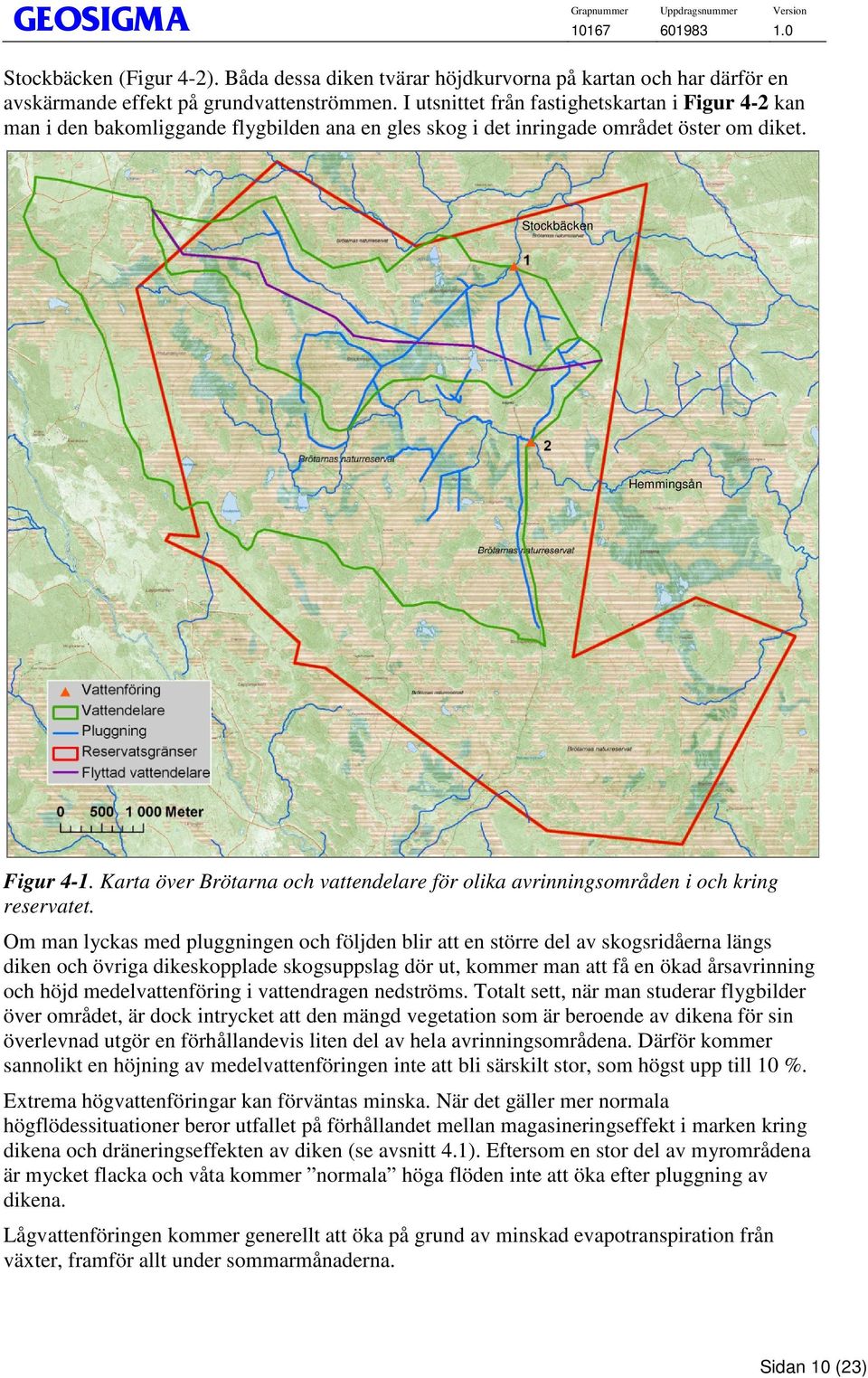 Karta över Brötarna och vattendelare för olika avrinningsområden i och kring reservatet.