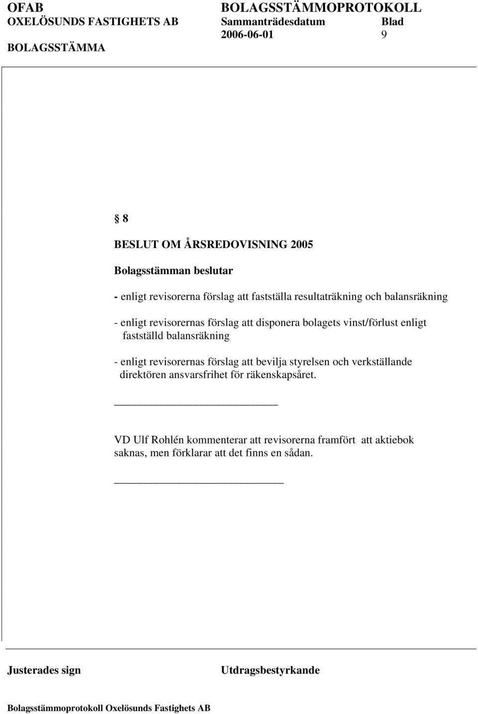 fastställd balansräkning - enligt revisorernas förslag att bevilja styrelsen och verkställande direktören