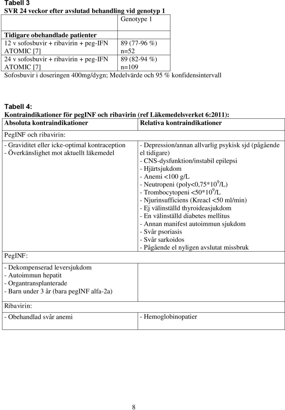 Absoluta kontraindikationer Relativa kontraindikationer PegINF och ribavirin: - Graviditet eller icke-optimal kontraception - Överkänslighet mot aktuellt läkemedel PegINF: - Dekompenserad